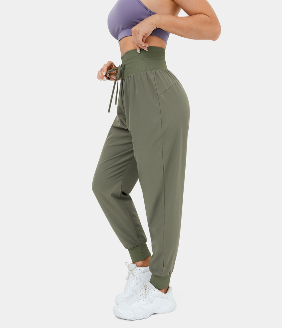 High Waisted Wide Waistband Drawstring Ribbed Casual Joggers