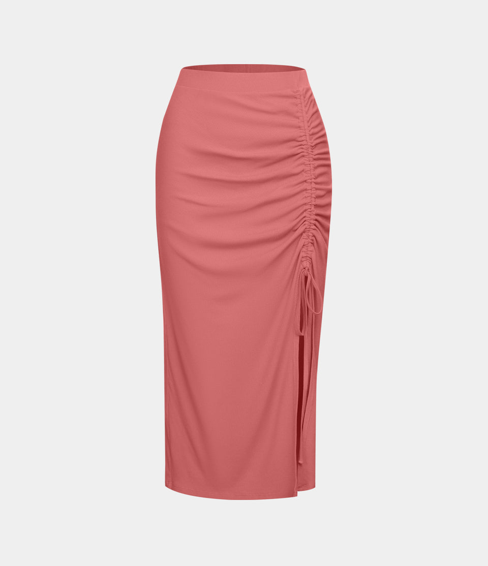 Ribbed Knit Solid Ruched Drawstring Split Bodycon Midi Casual Skirt