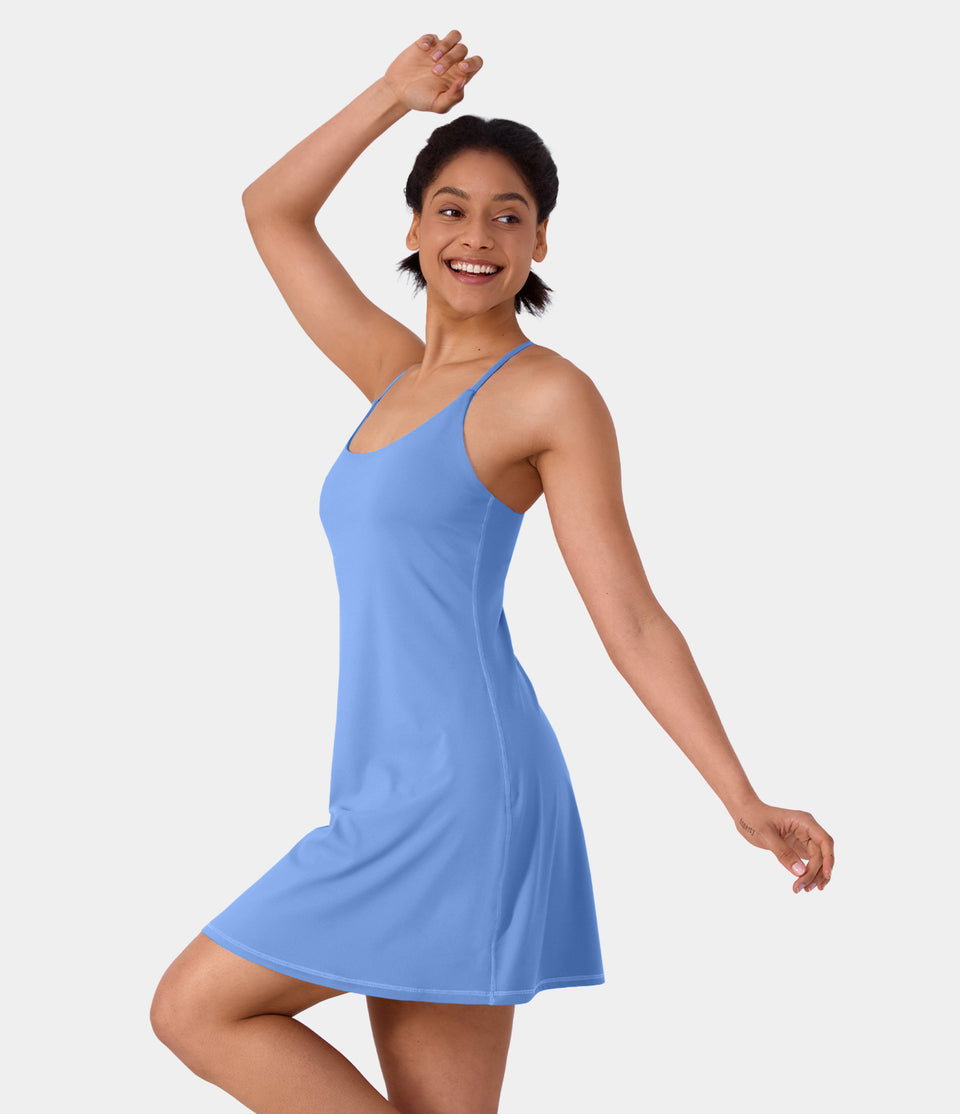 Softlyzero™ Plush Adjustable Straps Backless Crisscross 2-in-1 Pocket Flare Slip Yoga Active Dress-UPF50+