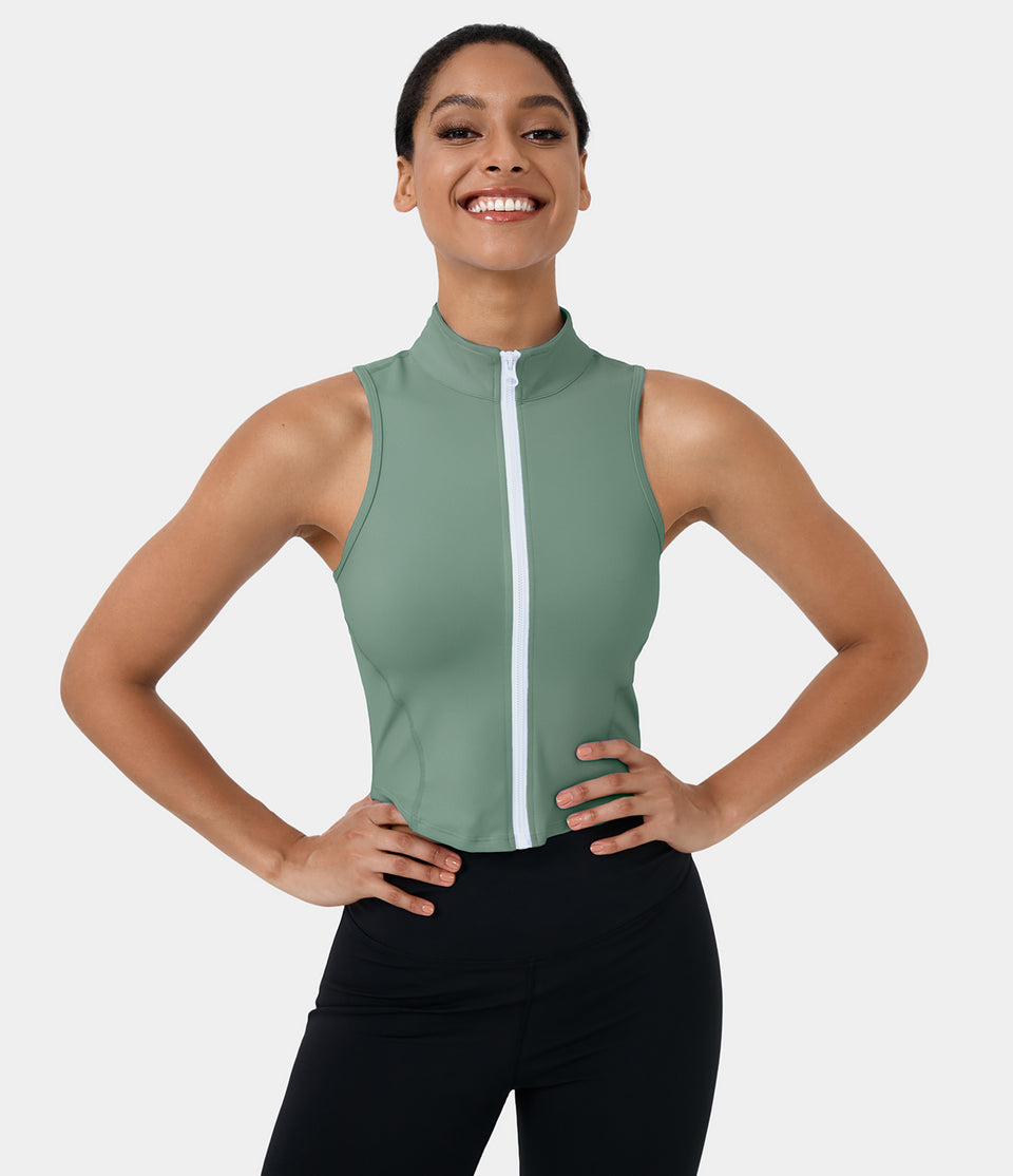 Mock Neck Zip Front Sleeveless Cropped Tank Top