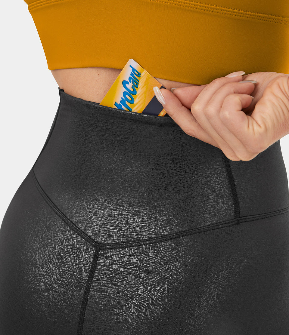 Softlyzero™ Faux Leather Crossover Back Pocket Foil Print Stretchy Yoga Capri Leggings