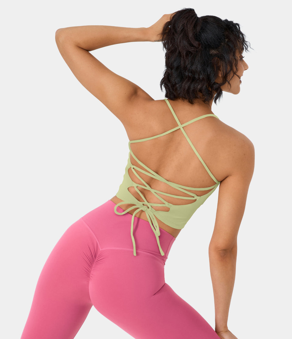 Spaghetti Strap Backless Crisscross Lace Up Cropped Yoga Tank Top