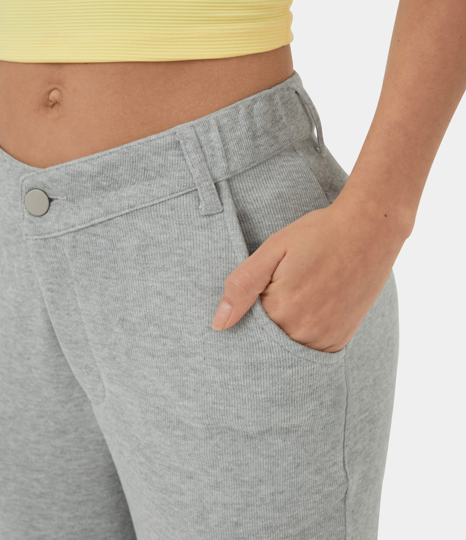 Mid Rise V Shaped Waistband Button Zipper Pocket Flare Casual Cotton Sweatpants