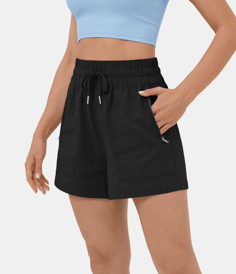 High Waisted Drawstring Side Zip Pocket Casual Linen-Feel Shorts 3.5"