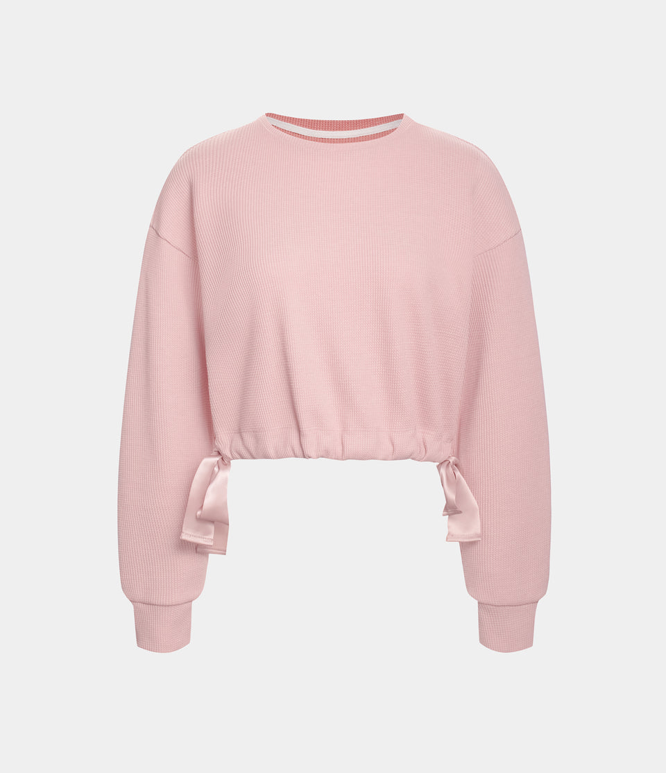 Waffle Dropped Shoulder Ribbon Tie Side Cropped Casual Cotton Sweatshirt