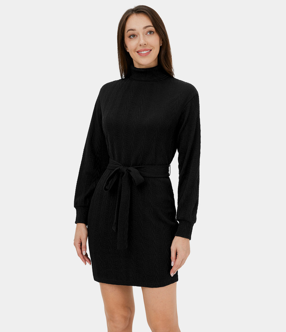 High Neck Belted Knitted Bodycon Mini Casual Dress