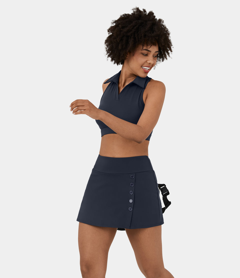 Mid Rise 2-in-1 Side Pocket Button A Line Mini Golf Skirt-Golf Tee Pocket