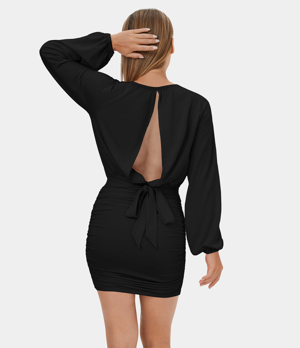 Knot Tie Back Cut Out Ruched Bodycon Mini Casual Dress