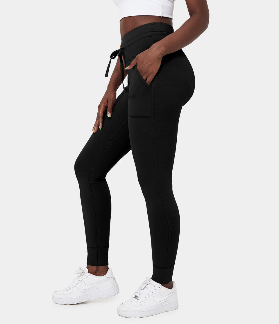 High Waisted Drawstring Cotton 7/8 Joggers