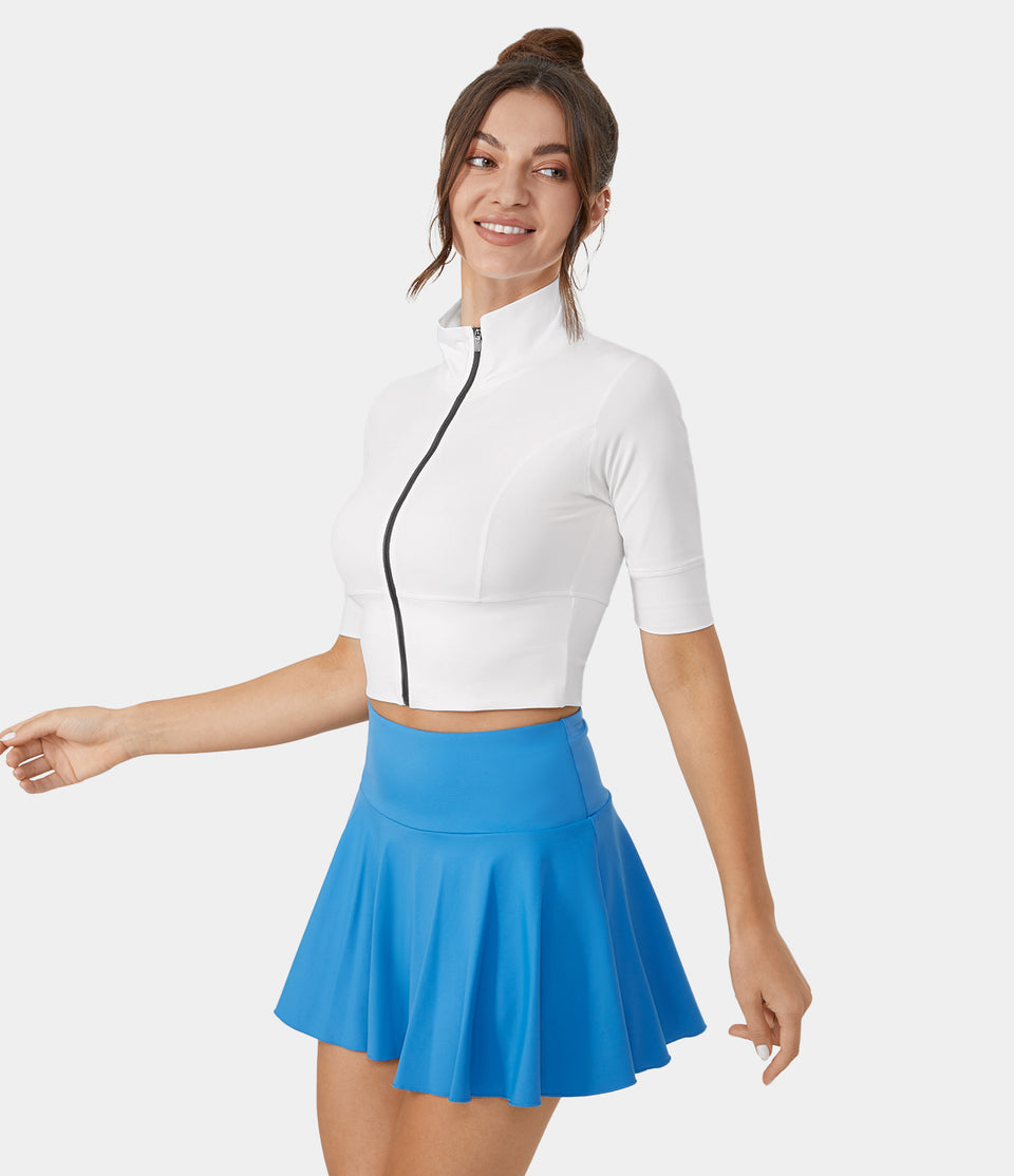 Stand Collar Half Sleeve Zip Front Cropped Golf Sports Top