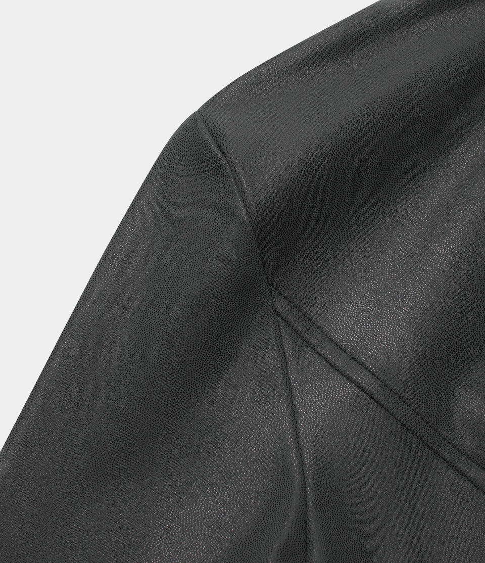 Softlyzero™ Faux Leather Mock Neck Full Zip Thumb Hole Foil Print Stretchy Casual Jacket