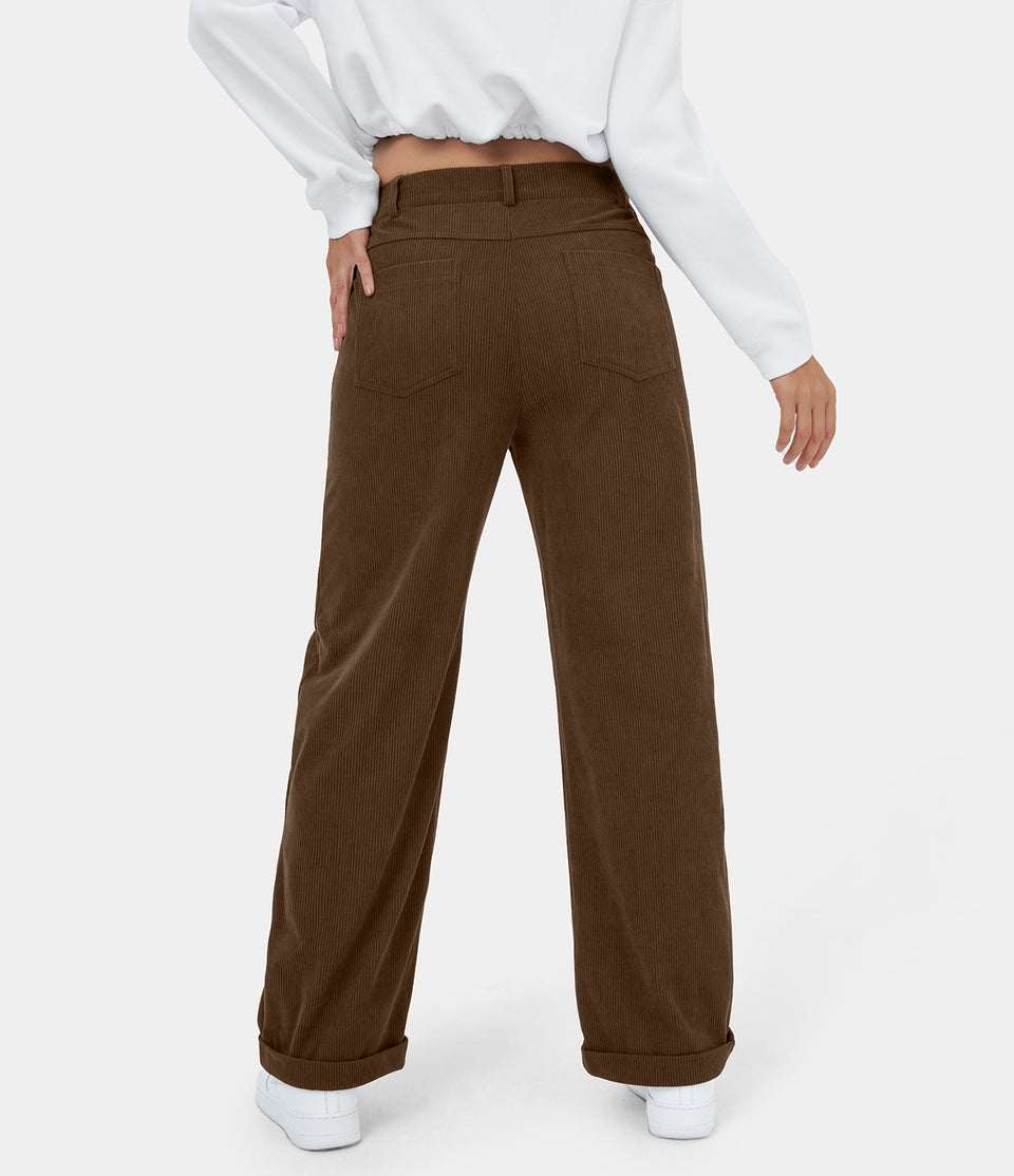 High Waisted Button Zipper Pocket Corduroy Wide Leg Casual Pants
