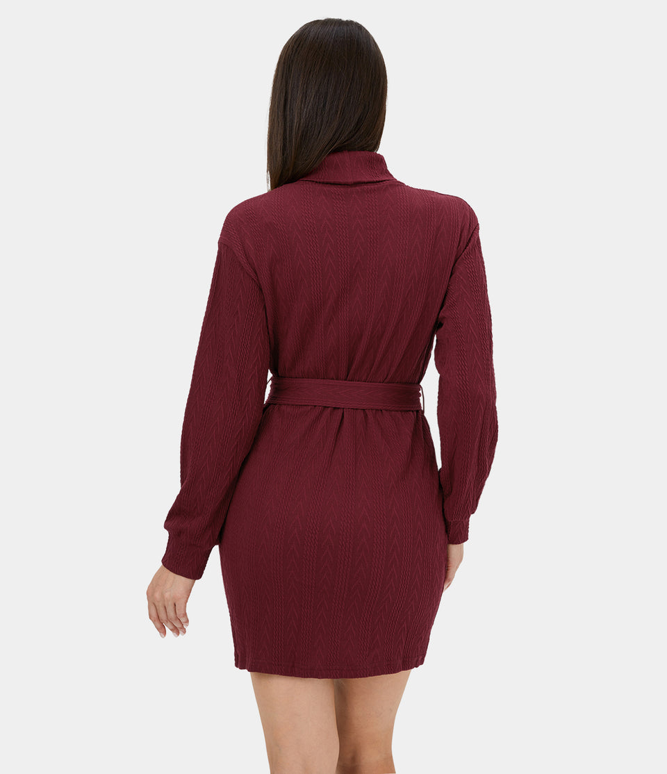 High Neck Belted Knitted Bodycon Mini Casual Dress