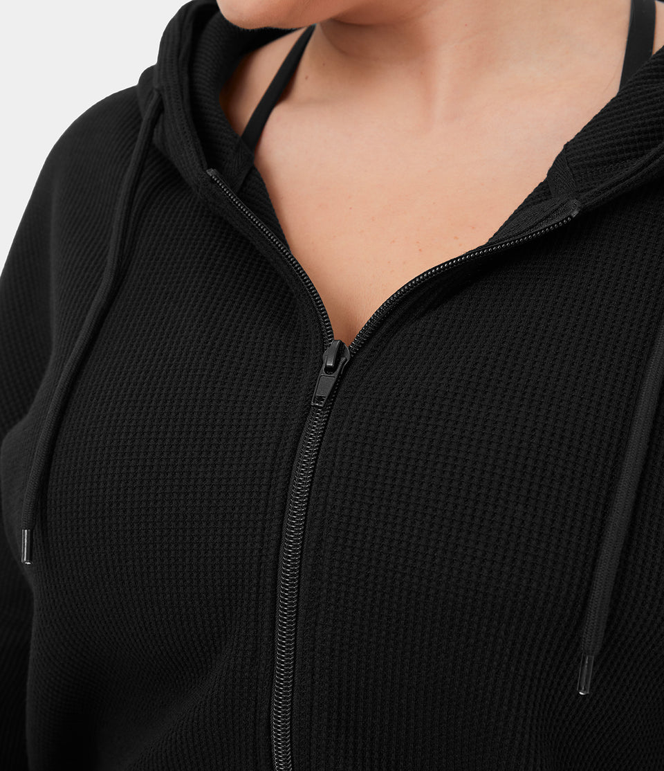 Waffle Hooded Drawstring Zipper Plus Size Cropped Casual Cotton Sports Sweatshirt