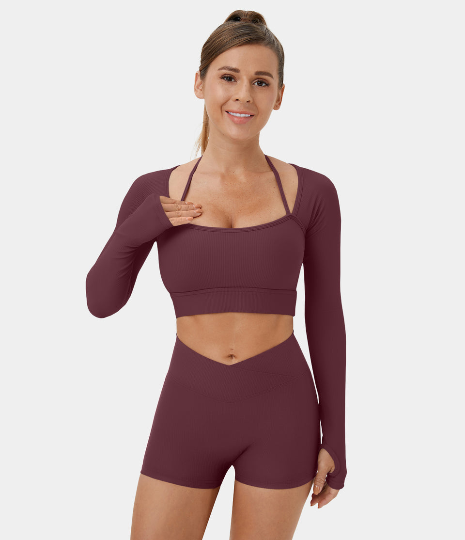 Ribbed Halter Strap Thumb Hole Cropped Yoga Sports Top