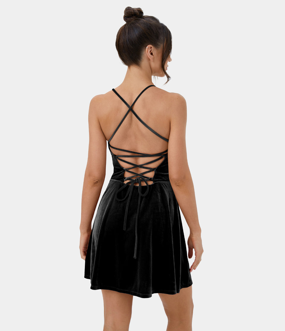Spaghetti Strap Backless Crisscross Lace Up Velvet Mini Casual Dress