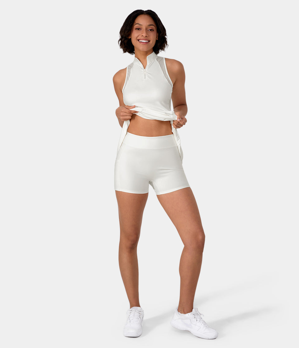 Half Zip Contrast Mesh Side Pocket 2-Piece Mini Tennis Active Dress