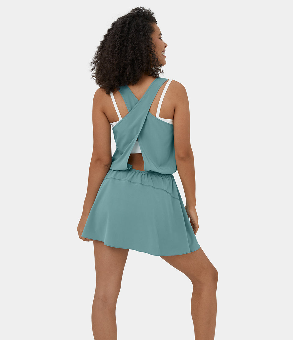 Breezeful™ U Neck Backless Crossover Cut Out Plicated Flare Flowy Mini Quick Dry Casual Dress