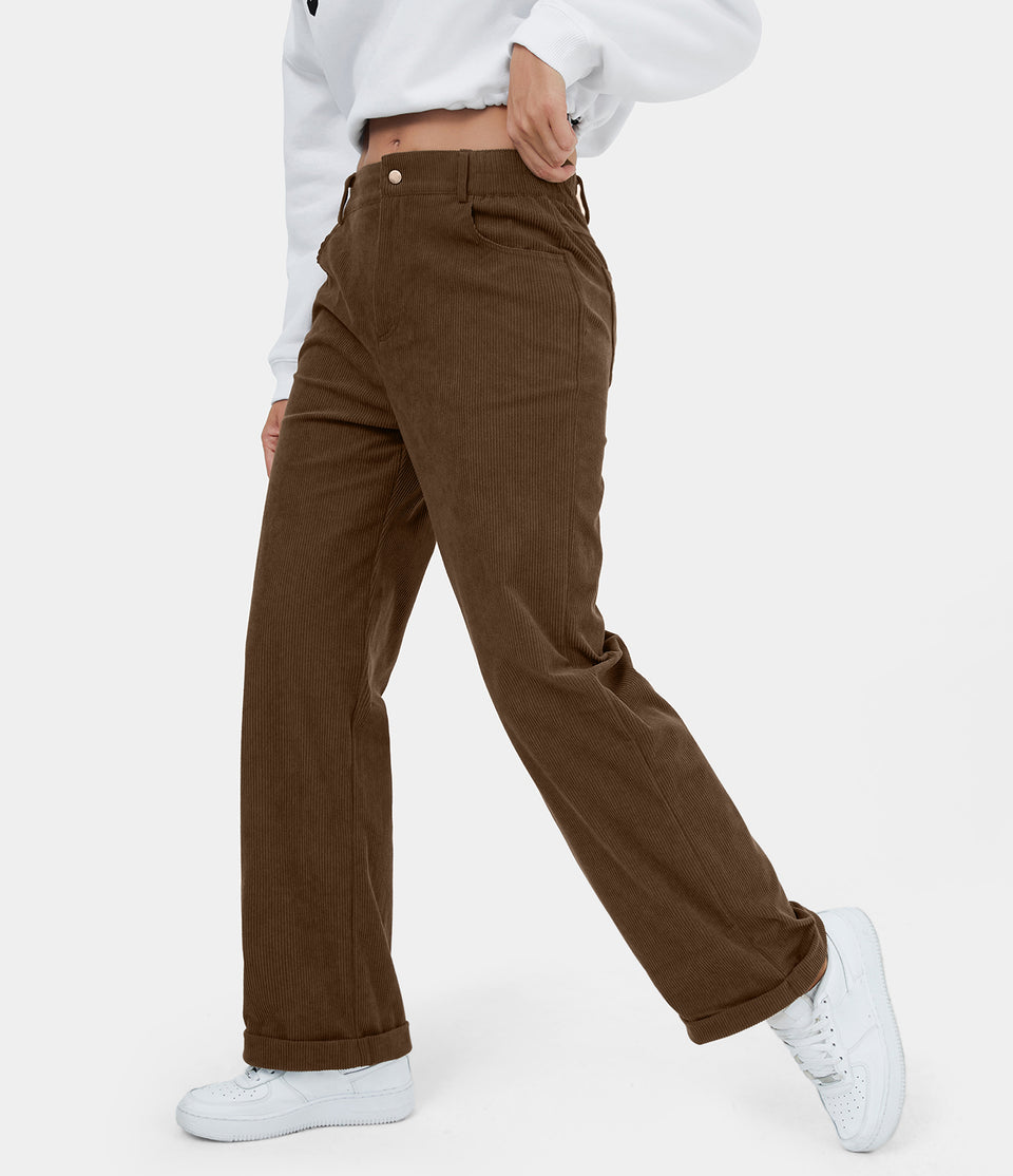 High Waisted Button Zipper Pocket Corduroy Wide Leg Casual Pants
