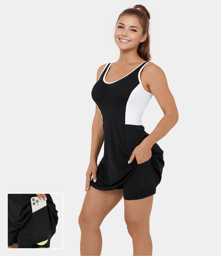 Color Block Contrast Mesh Backless 2-Piece Side Pocket Mini Tennis Active Dress