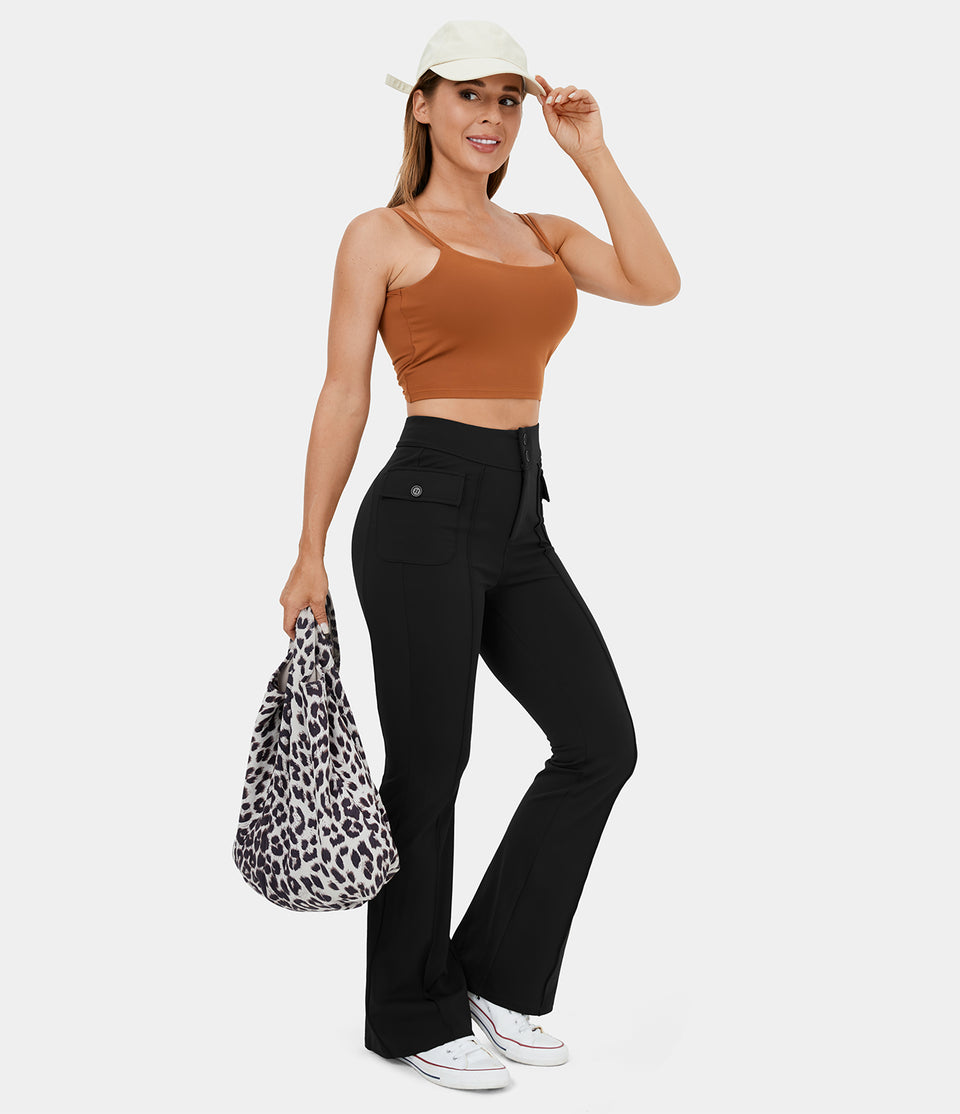 High Waisted Button Side Flap Pocket Flare Casual Cargo Pants