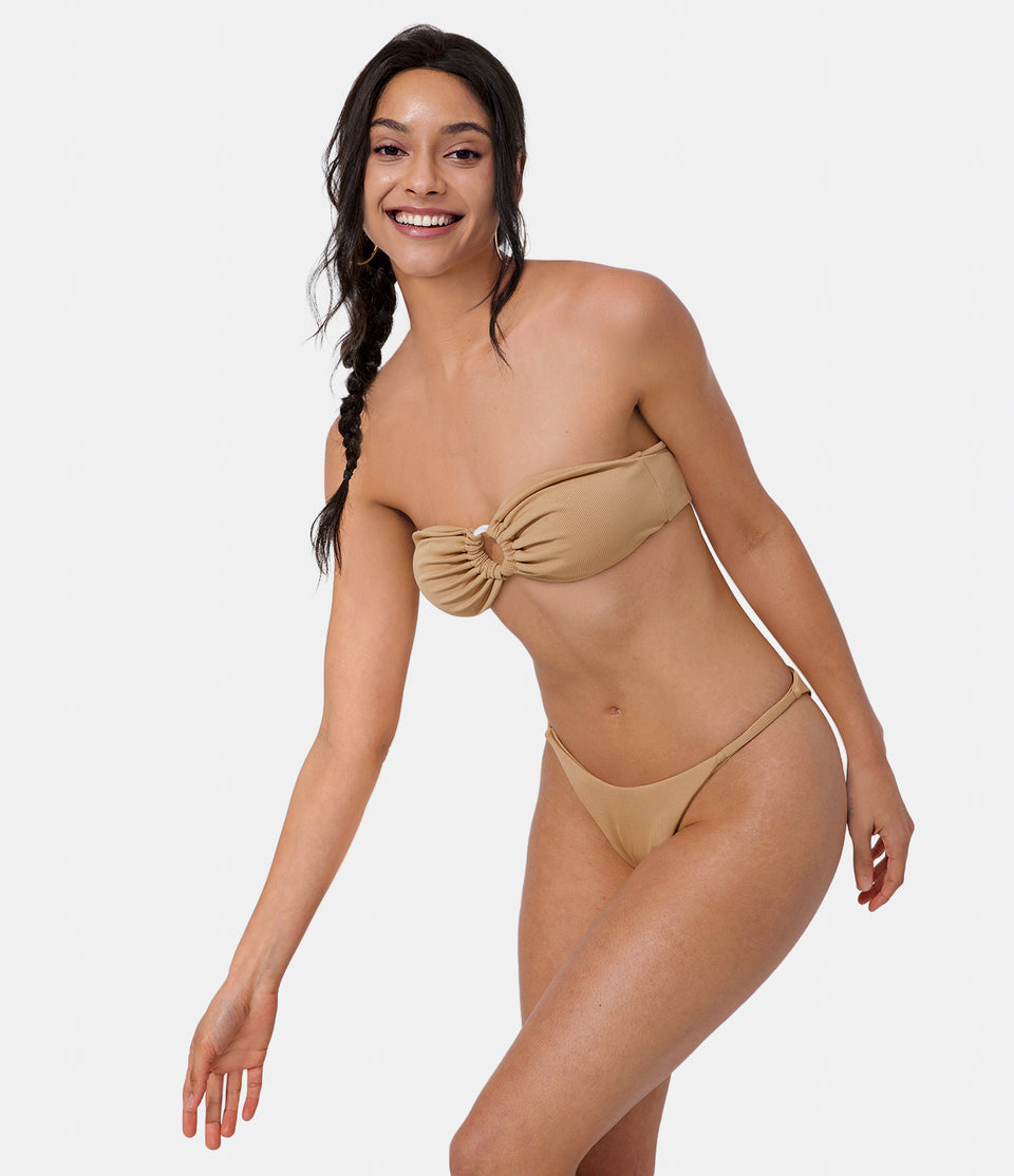 Ribbed Knit Ring Cut Out Ruched Bikini Top
