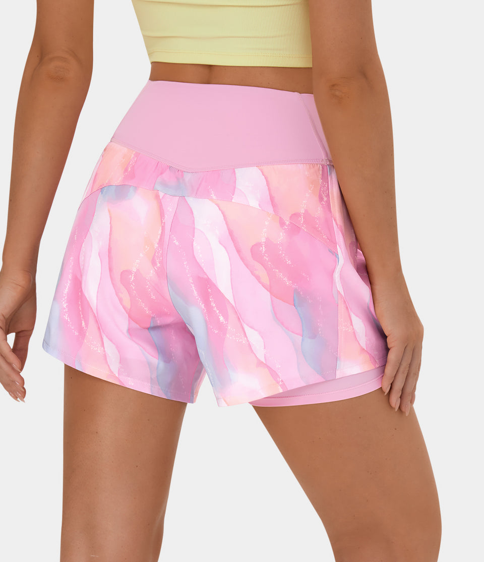 Breezeful™ High Waisted Crossover Side Pocket 2-in-1 Watercolour Quick Dry Yoga Shorts 4''