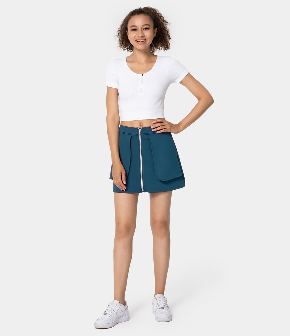 Mid Rise Front Zip Side Pocket Plain Mini Skirt