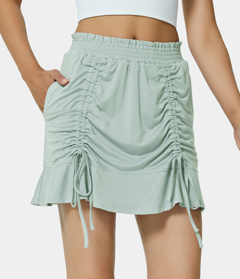 Mid Rise Shirred Waist Drawstring Plain Skirt