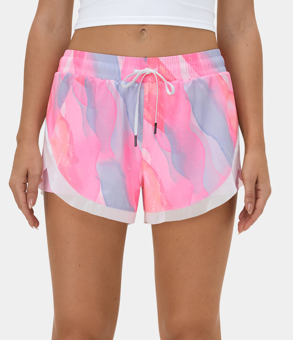 Breezeful™ Drawstring Contrast Mesh 2-in-1 Quick Dry Shorts 3"-Color Print