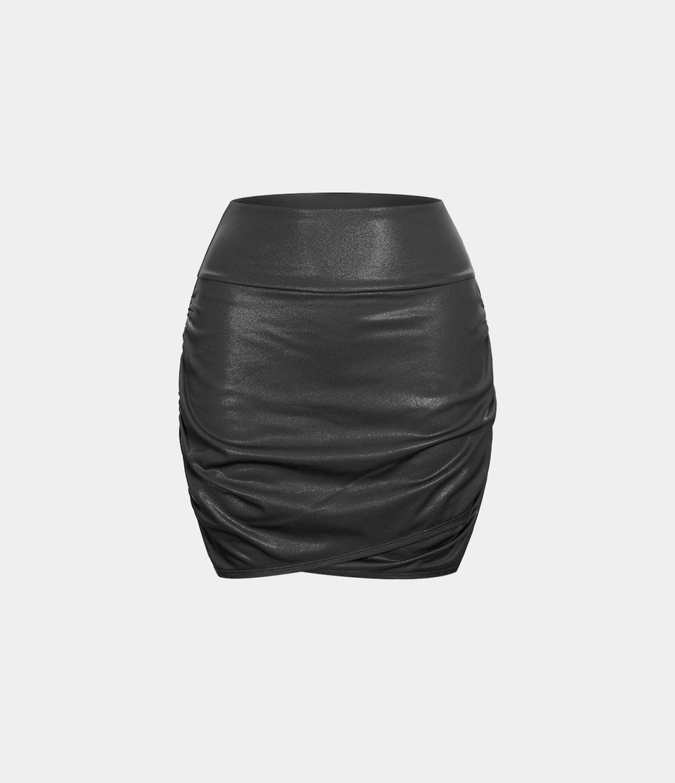 Softlyzero™ Faux Leather High Waisted Bodycon Foil Print Stretchy 2-in-1 Ruched Casual Skirt