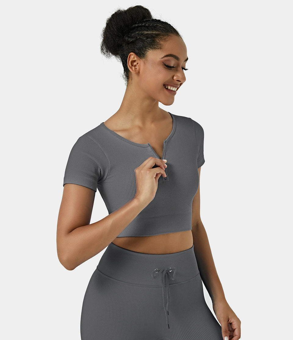 Seamless Flow Ribbed Knit Half Zip Short Sleeve Sports Top