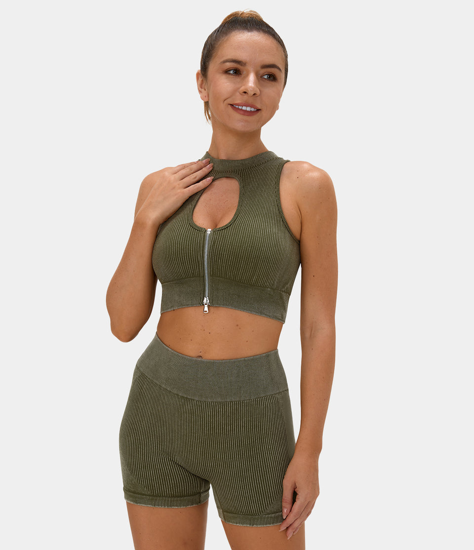 Seamless Flow Zip Front Cut Out Cropped Yoga Tank Top