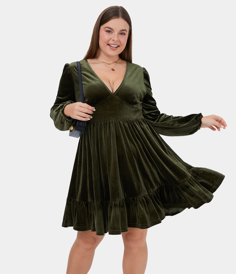 Everyday Deep V Neck Ruffled Hem Velvet Plus Size Mini Chill Dress