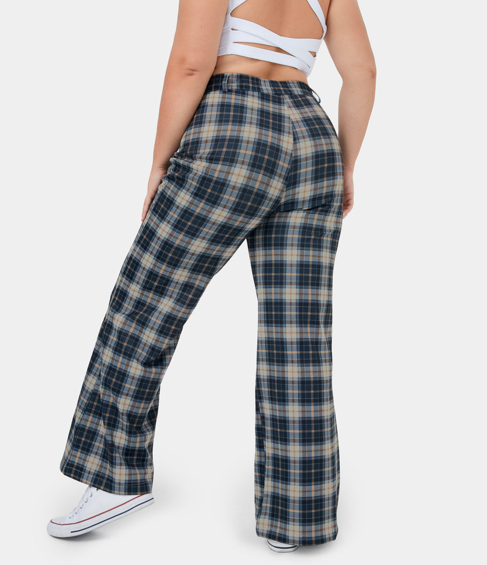 High Waisted Plaid Plus Size Wide Leg Casual Pants
