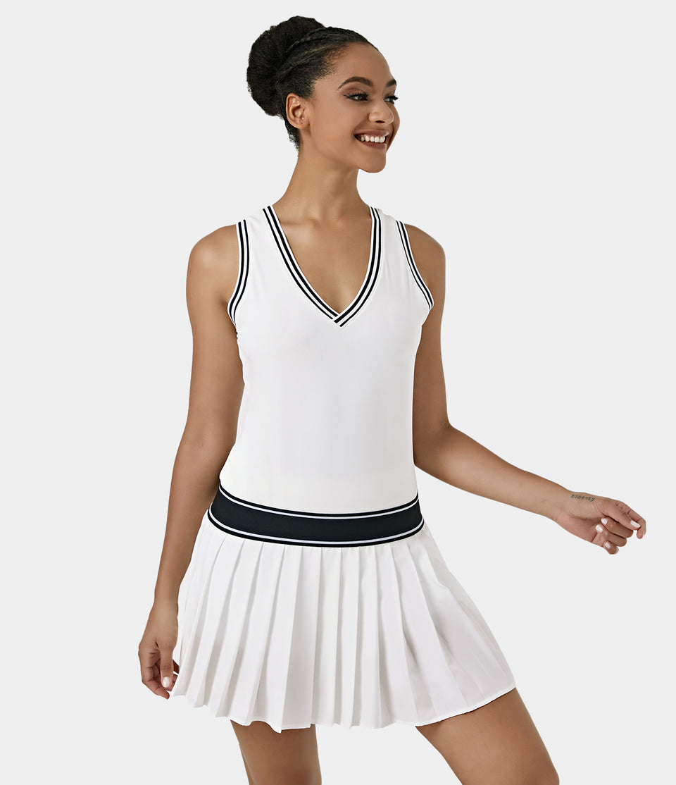 Softlyzero™ Plush V Neck Color Block Mini Pleated Tennis Activity Dress-UPF50+