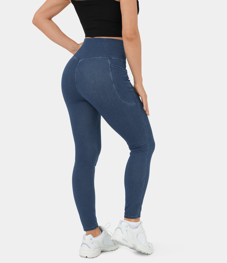 HalaraMagic™ Crossover Pocket Cool Touch Breathable Washed Stretchy Knit Denim Casual Leggings
