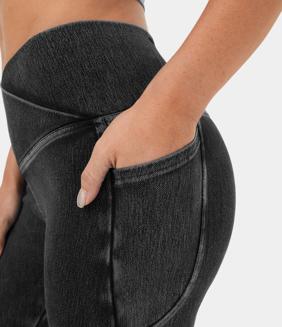 HalaraMagic™ Crossover Side Pocket Washed Stretchy Knit Denim Work Leggings