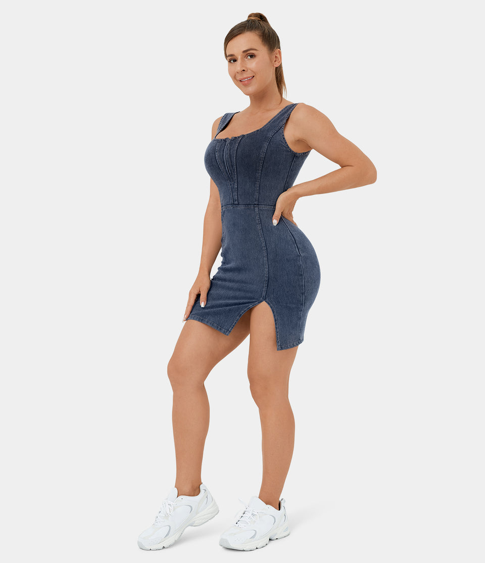 HalaraMagic™ Half Zip Sleeveless Split Hem Backless Bodycon Stretchy Knit Denim Mini Casual Dress