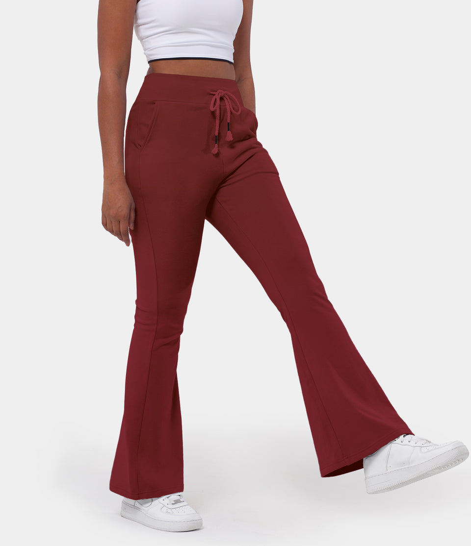 High Waisted Drawstring Pocket Plain Flare Long Pants
