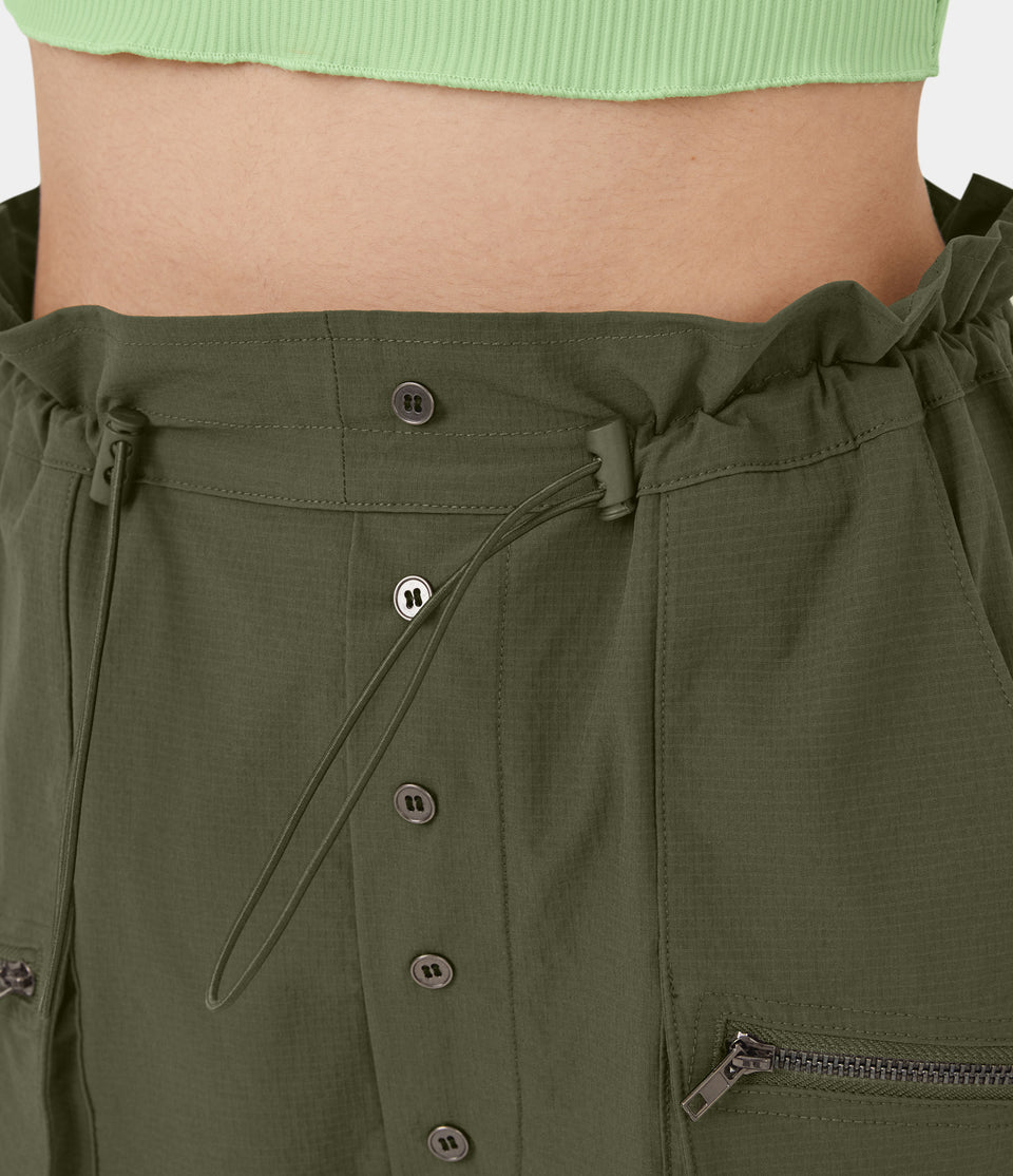 High Waisted Paper Bag Waist Adjustable Drawcord Zipper Side Pocket Button Split Casual Cargo Shorts 2''