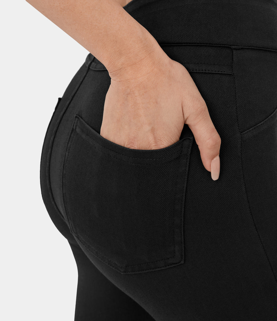 HalaraMagic™ High Waisted Back Side Pocket Stretchy Knit Denim Capri Casual Leggings
