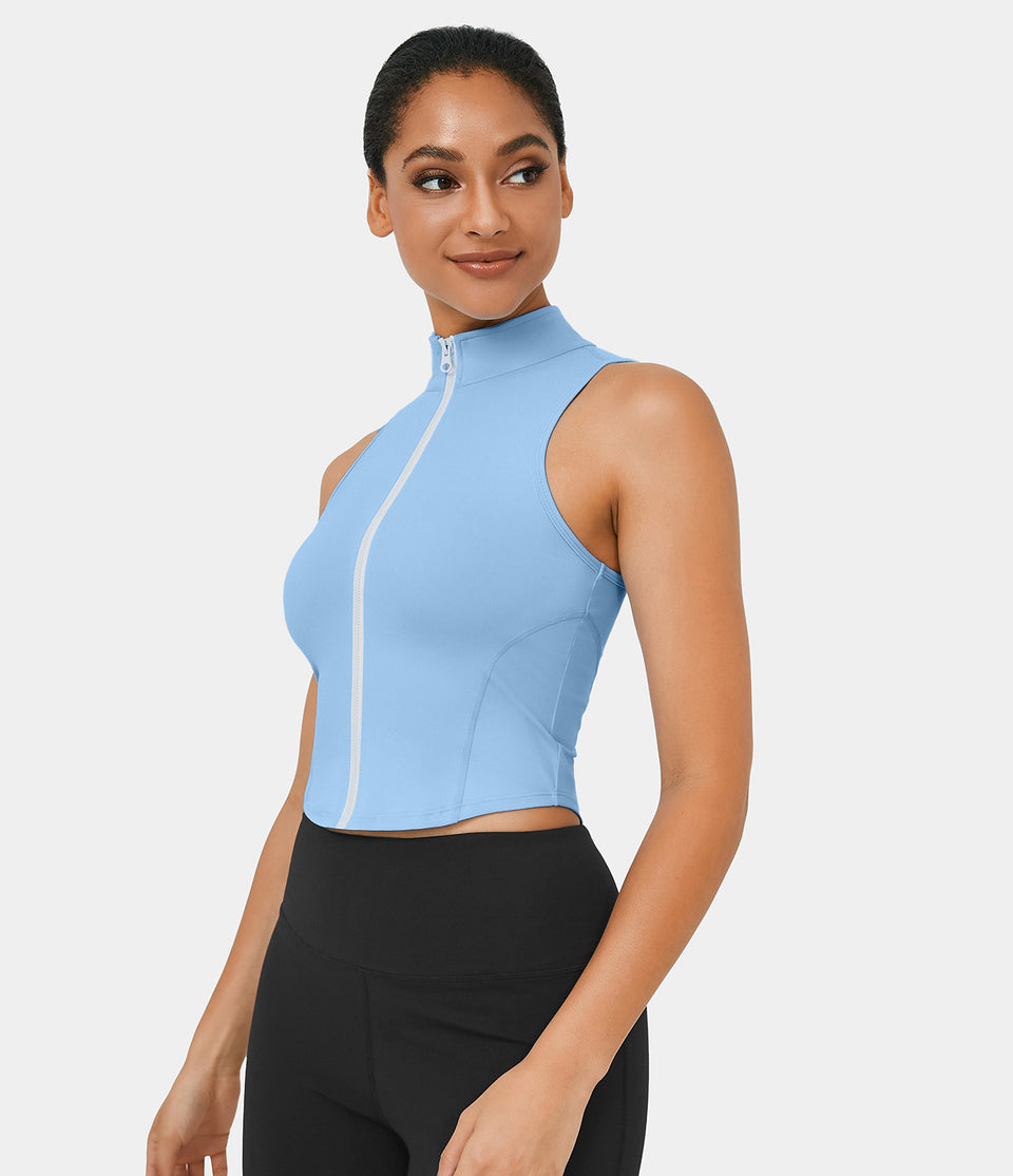 Mock Neck Zip Front Sleeveless Cropped Tank Top