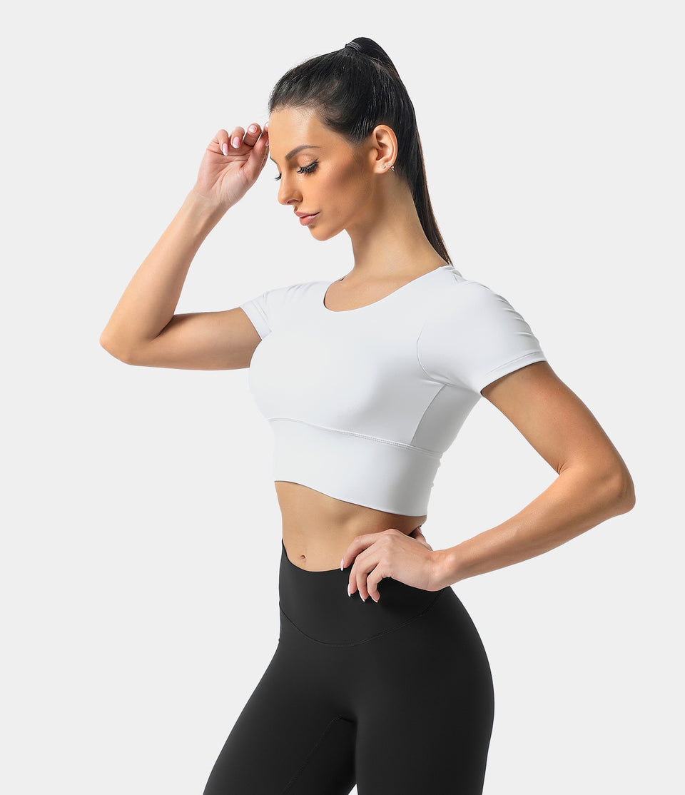 Round Neck Short Sleeve Backless Crisscross Cropped Sports Top