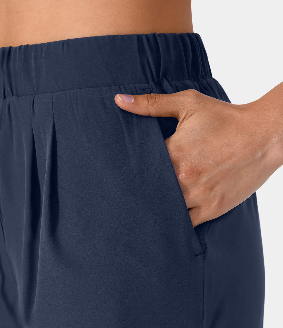 High Waisted Elastic Waistband Drawstring Ruched Side Pocket Casual Shorts 3"