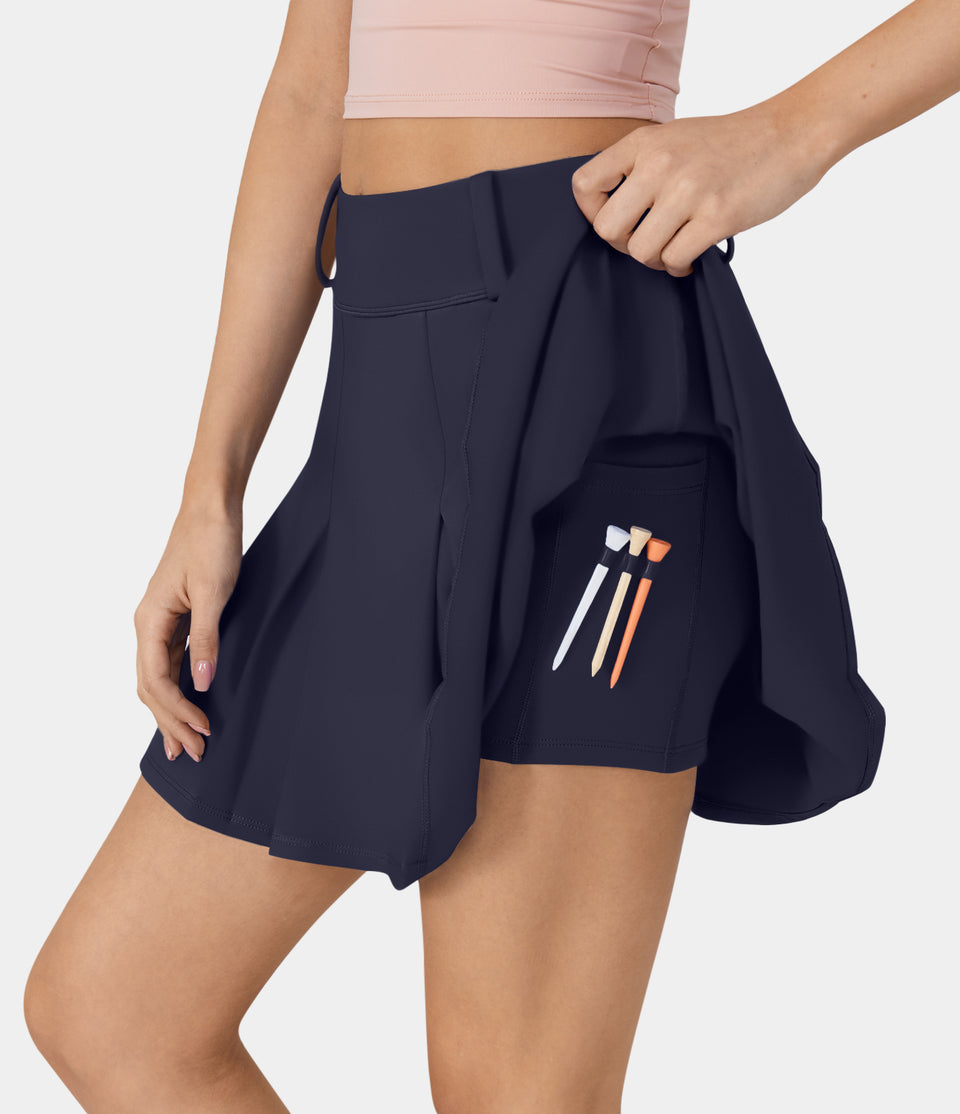 High Waisted 2-in-1 Pocket A Line Pleated Golf Skirt-Golf Tee Pocket