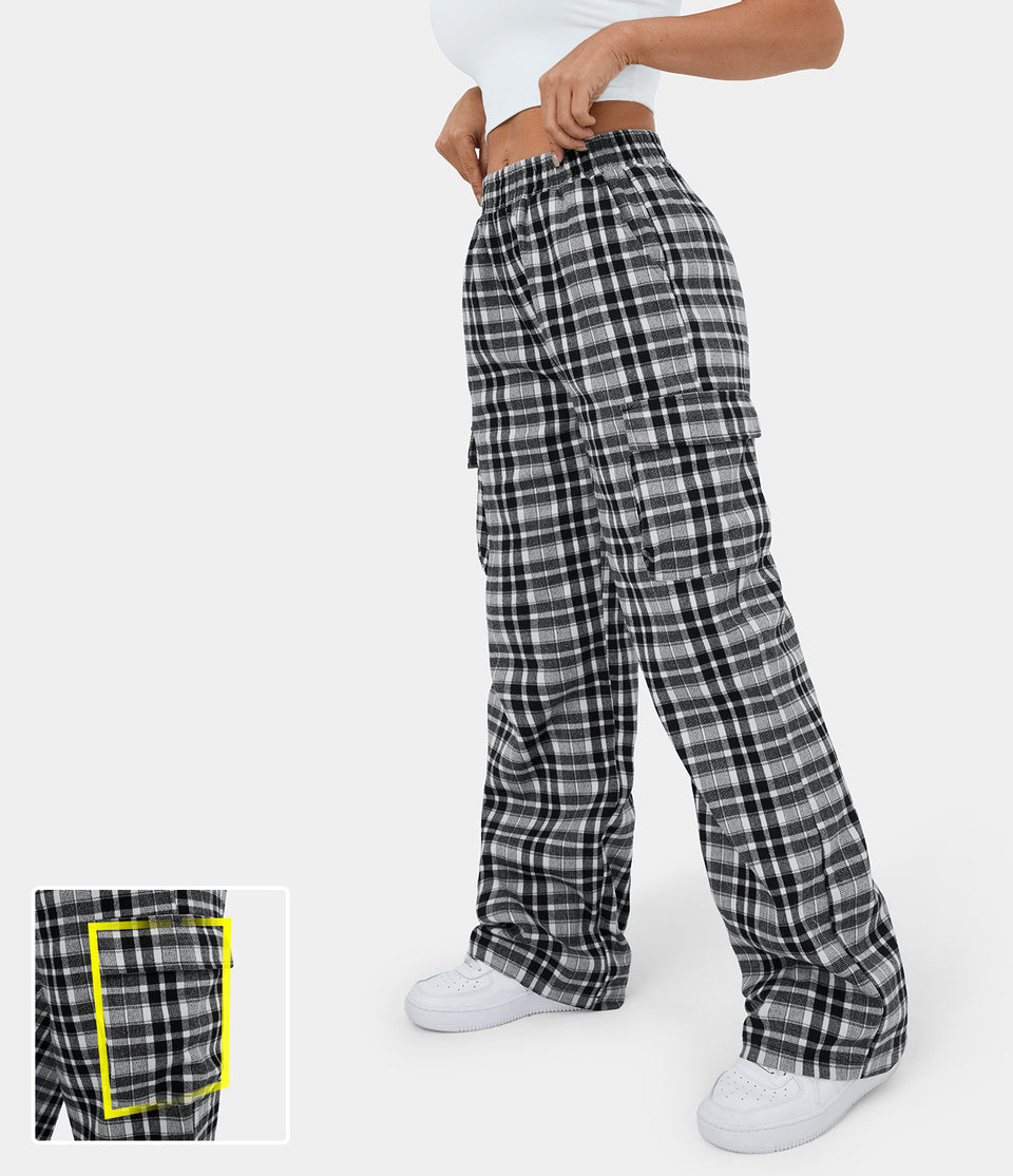 Elastic Waistband Side Pocket Plaid Wide Leg Casual Cargo Pants