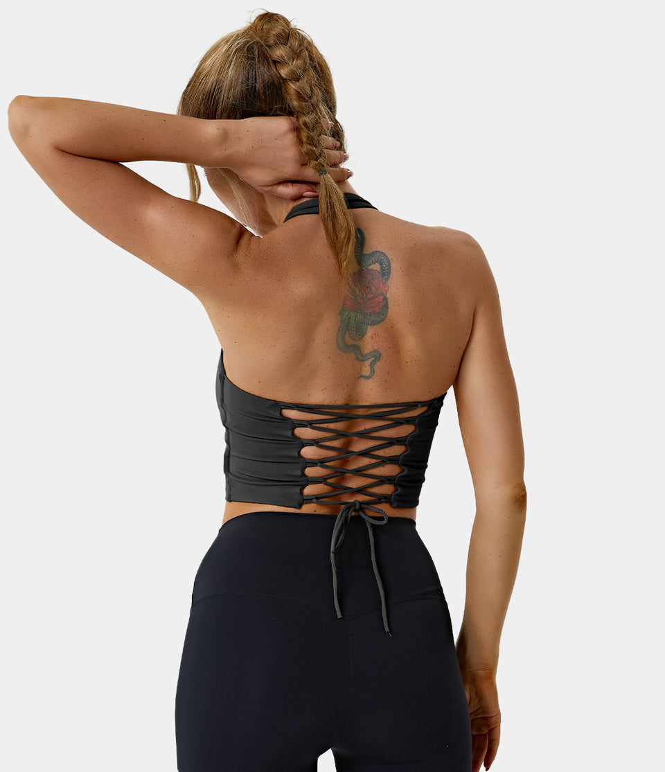 Halter Backless Crisscross Lace Up Workout Cropped Tank Top