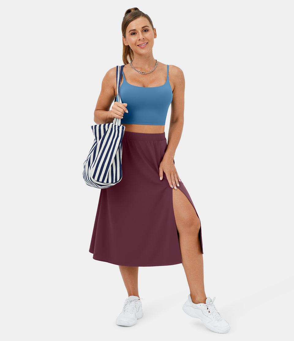 High Waisted Side Pocket Split Midi Casual Skirt