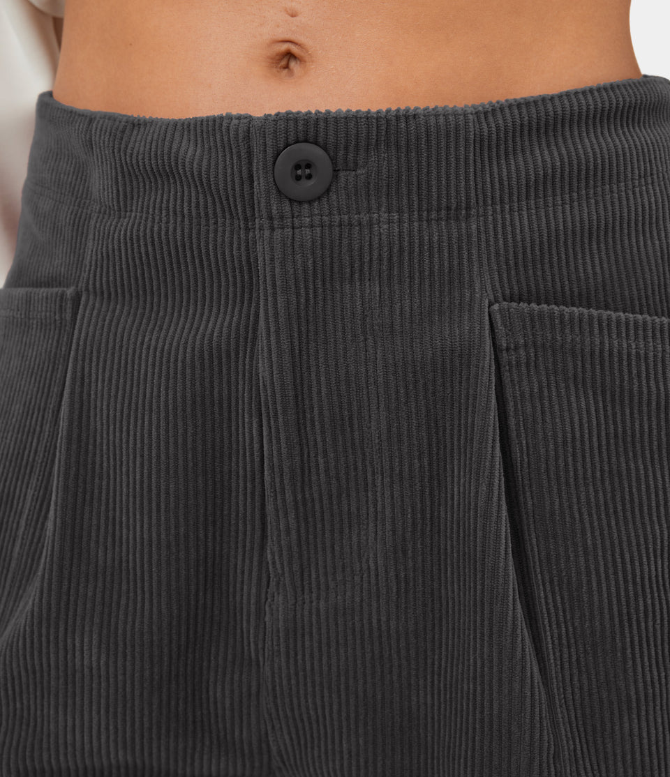 High Waisted Button Zipper Multiple Pockets Corduroy Casual Pants